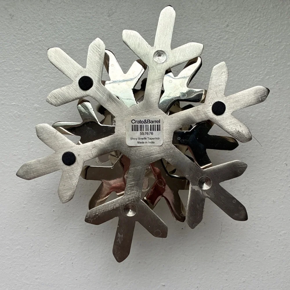 Crate and Barrel Pair of Silver Snowflake Candle Holders